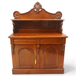 Victorian mahogany chiffonier, the superstructure with shaped back and pierced side suppor...