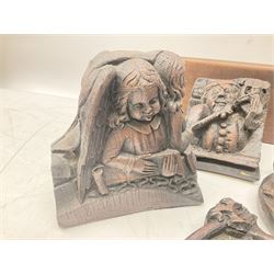 Seven Replicas of carvings in the medieval choir stalls of Beverley minster by Oakapple designs, together with a book The Misereres of Beverley minster