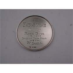 Edwardian silver medal, of circular form, embossed to front with a bay horse and inscribed Cleveland Bay Horse Society, engraved verso 1904 Egton Show won by Rock Dove No 1000 bred at Rock Head by W Duell, hallmarked Vaughton & Sons, Birmingham 1903, contained within fitted case, D6.3cm