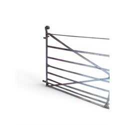 19th century Regency design painted wrought iron country estate gate, strapwork detail with five cast motifs, stamped W & J Rodenhurst, Drayton