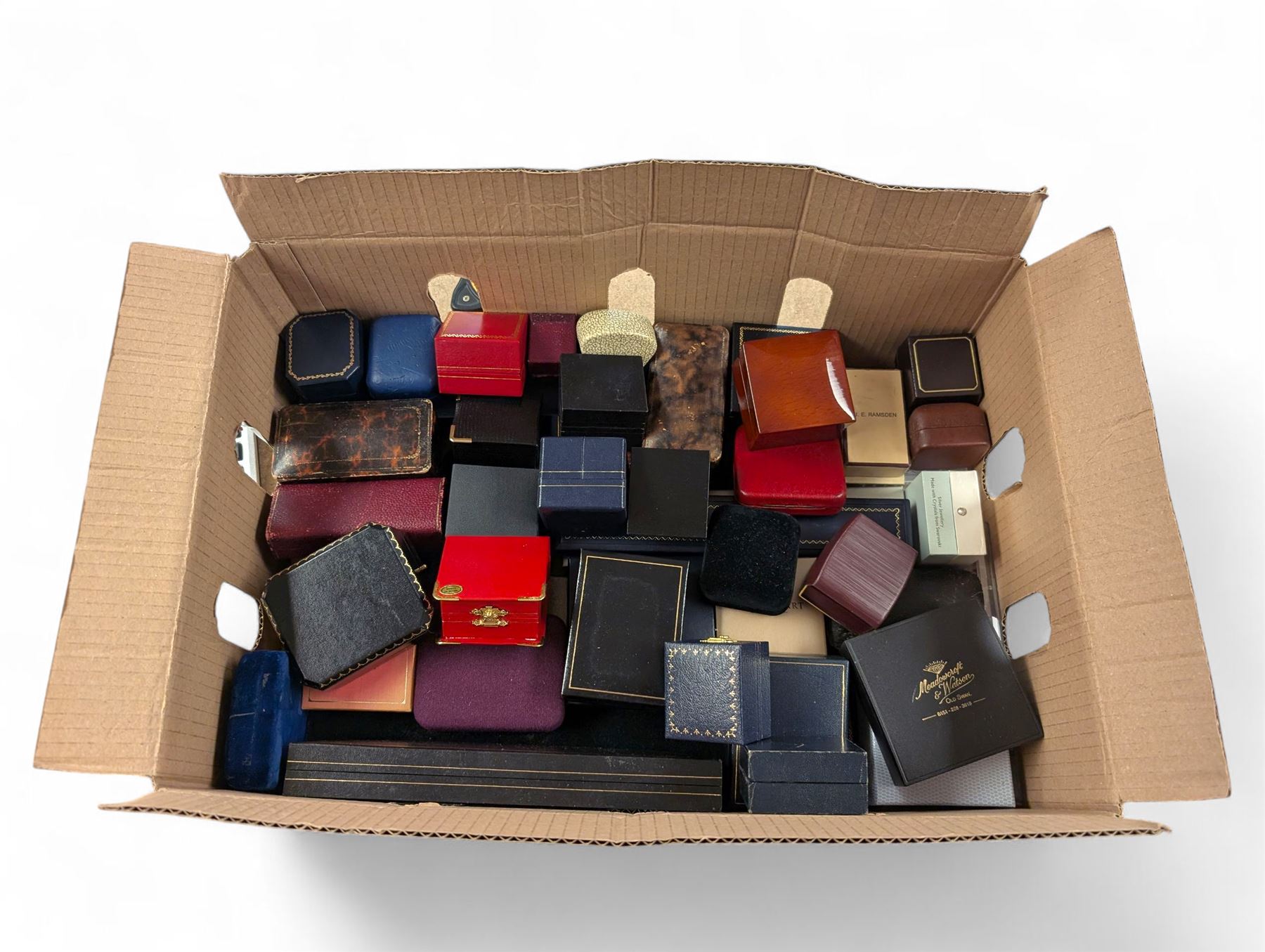 Collection of jewellery boxes including velvet, leather and card examples