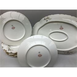 French Haviland Limoges part dinner service, decorated with floral sprays and gilding, to include two lidded tureens, thirteen plates, oval serving platter, etc, all stamped H & Co Made in France for James Green & Nephew (17) 