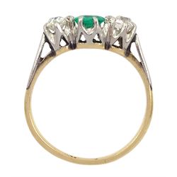 Early 20th century 15ct and palladium three stone emerald and old cut diamond ring, emerald approx 0.35 carat, total diamond weight approx 0.40 carat