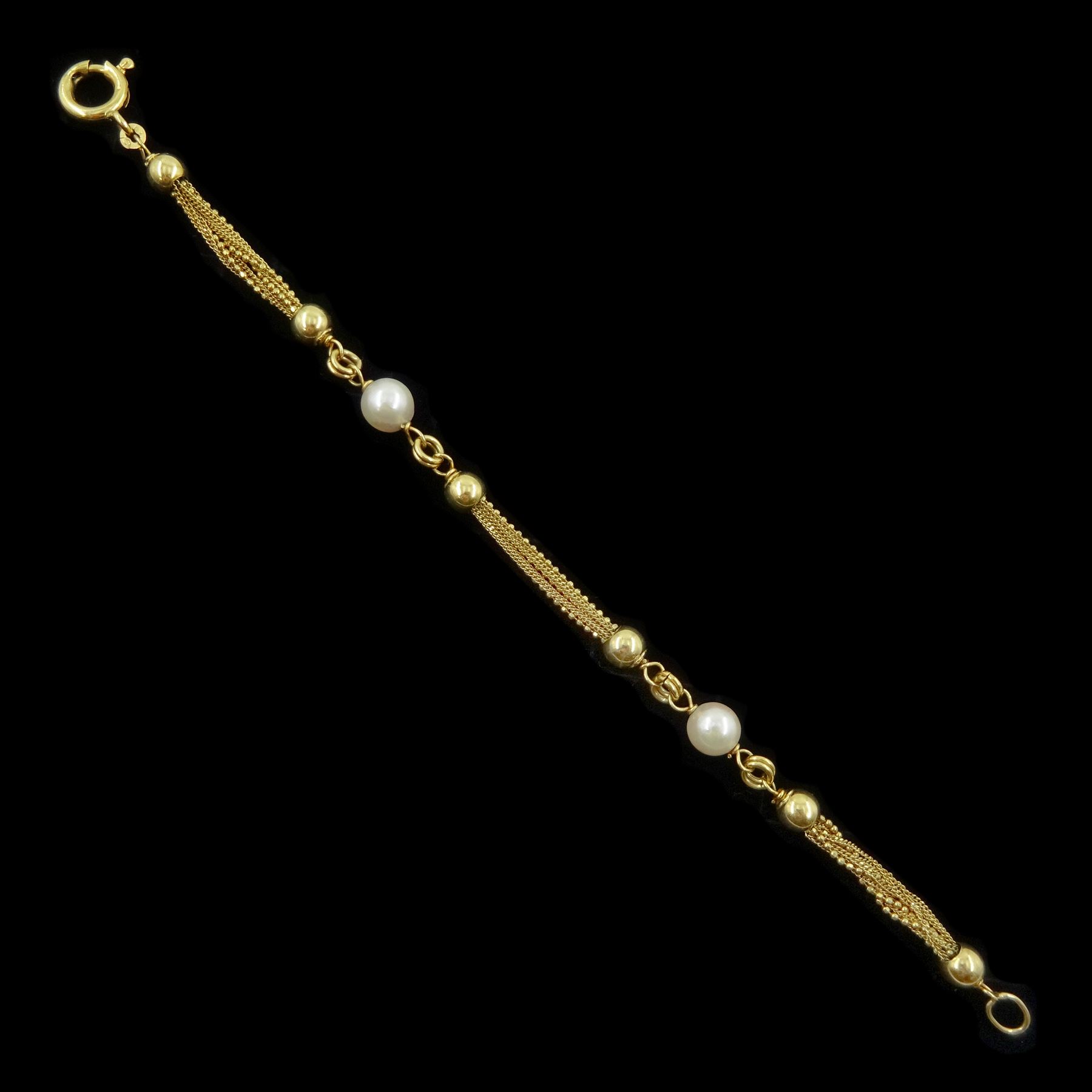 18ct gold cultured white / cream pearl, ball and multi strand bracelet, hallmarked