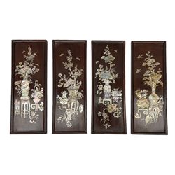 Set of four Oriental mother of pearl inlaid panels, depicting precious objects, including scrolls, vases of flowers, etc, H35cm