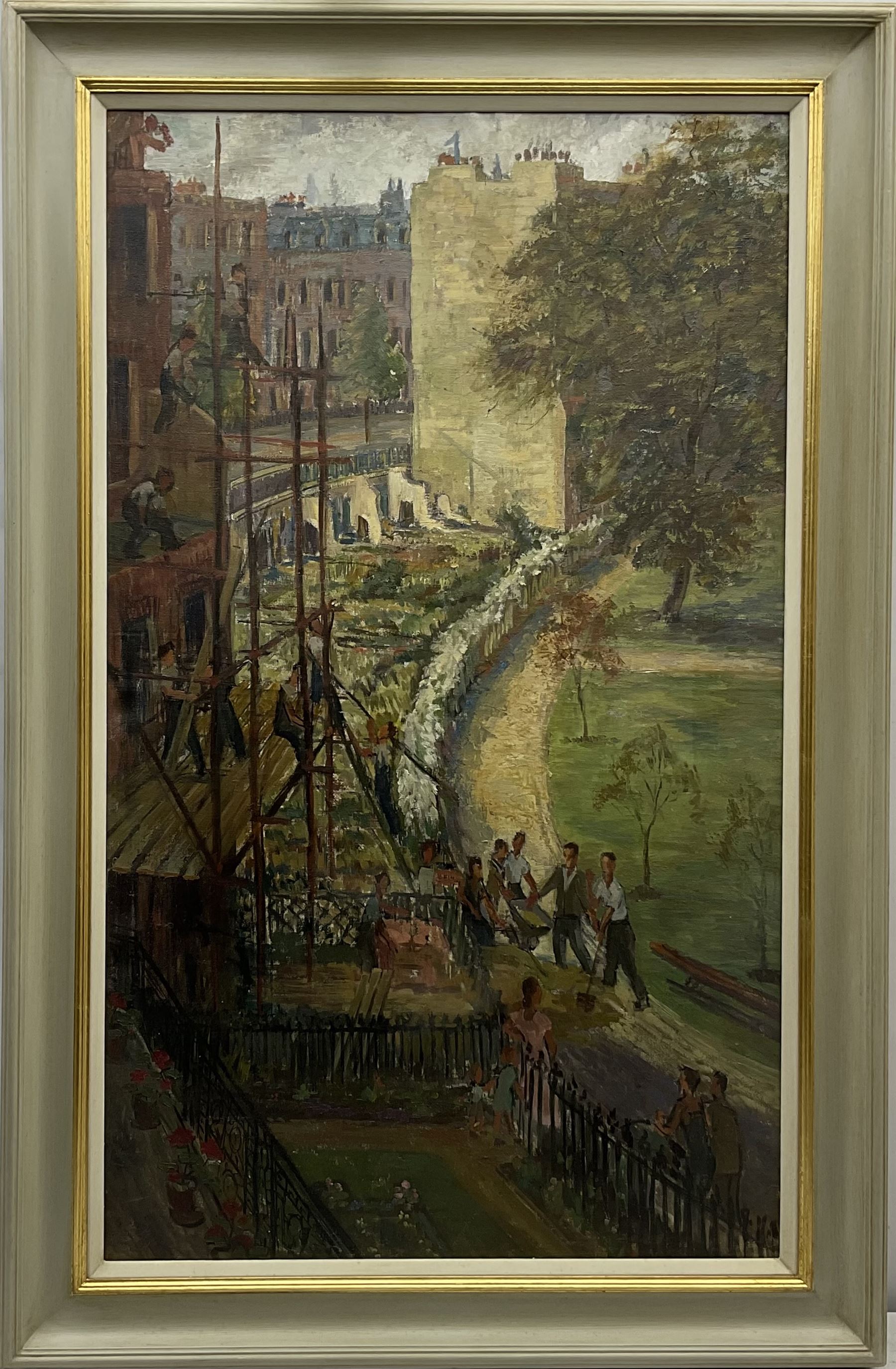 Constance-Anne Parker (British 1921-2016): Re-building a London Crescent, oil on canvas unsigned 100cm x 59cm
Provenance: direct from the artist's family; Parker born and lived in London but with a strong Yorkshire connection was an artist and sculptor, who also held a number of roles at the Royal Academy including in 1974 becoming its librarian and eventually a lecturer, archivist and travelling exhibitions organiser with the Academy.