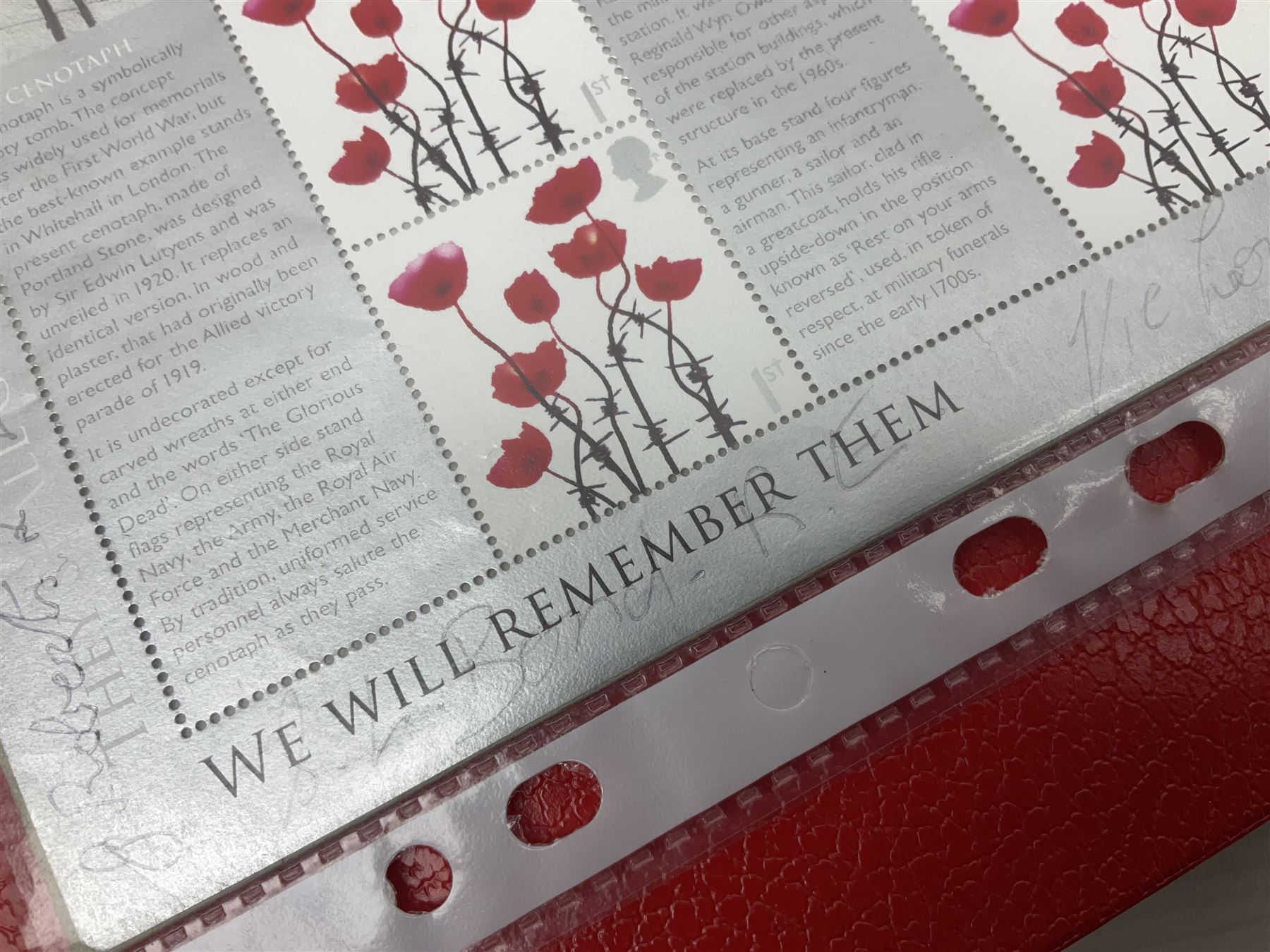 Mint block of twenty Royal Mail Remembrance Day 1st Class stamps with various signatures around the margin; and thirteen First Day Covers of military/maritime interest