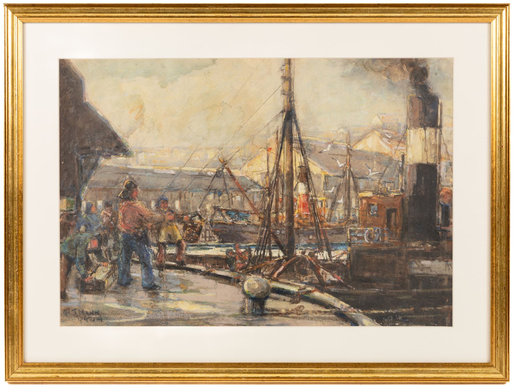 William J Mann (Scarborough mid 20th Century): Steam Trawlers by the Fish Quay Scarborough, watercolour signed and dated '49, with a study of shipping beneath mount verso 30cm x 45cm
Notes: Mann was a member of the Fylingdales Group of Artists and lived in Newby, Scarborough. 
Provenance: purchased David Duggleby Ltd 21st June 2024 Lot 21