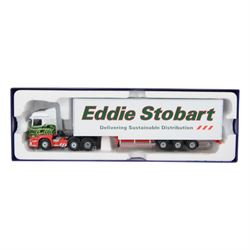 Three Corgi Hauliers of Renown Eddie Stobart 1:50 scale diecast model lorries, comprising CC15508 Volvo F10 Curatinside, CC13826 Mercedes Actros Fridge Trailer and CC13754 Scania R Facelift Box Step Frame Trailer, all boxed