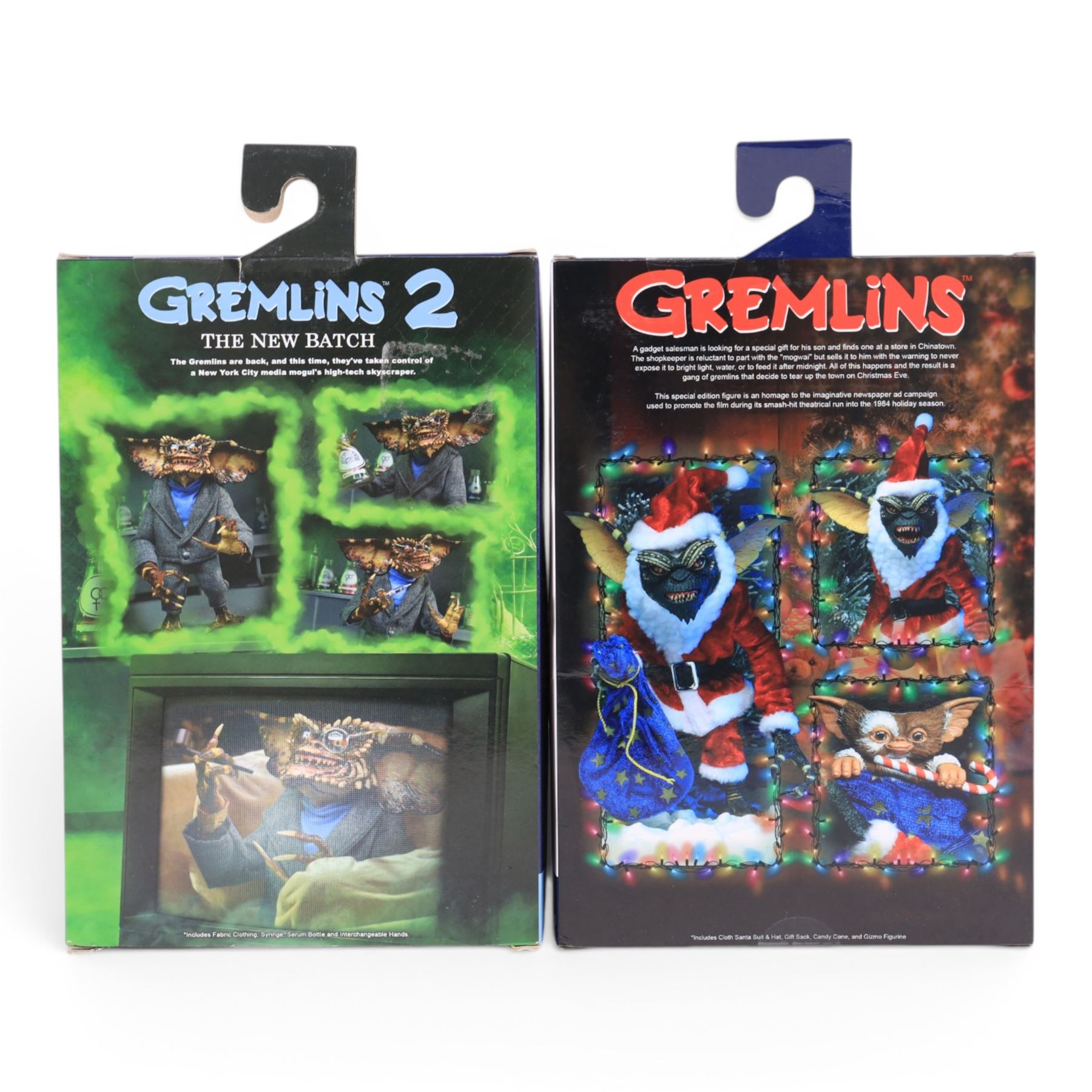 Two Neca Gremlins figures, comprising Santa Stripe and Gizmo and Gremlins 2 Ultimate Brain, both boxed 
