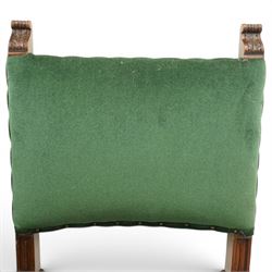 17th century style mahogany set of six dining chairs, with carved scrolled finials, padded green velvet upholstery, block and turned supports united by stretcher  