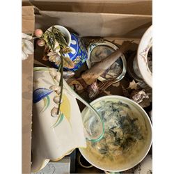 Mixed ceramics, to include a Susie Cooper jug, studio pottery dish, Delft clock, Coalport Mulberry Hall pot and reproduction mascaron jug, contents in two boxes