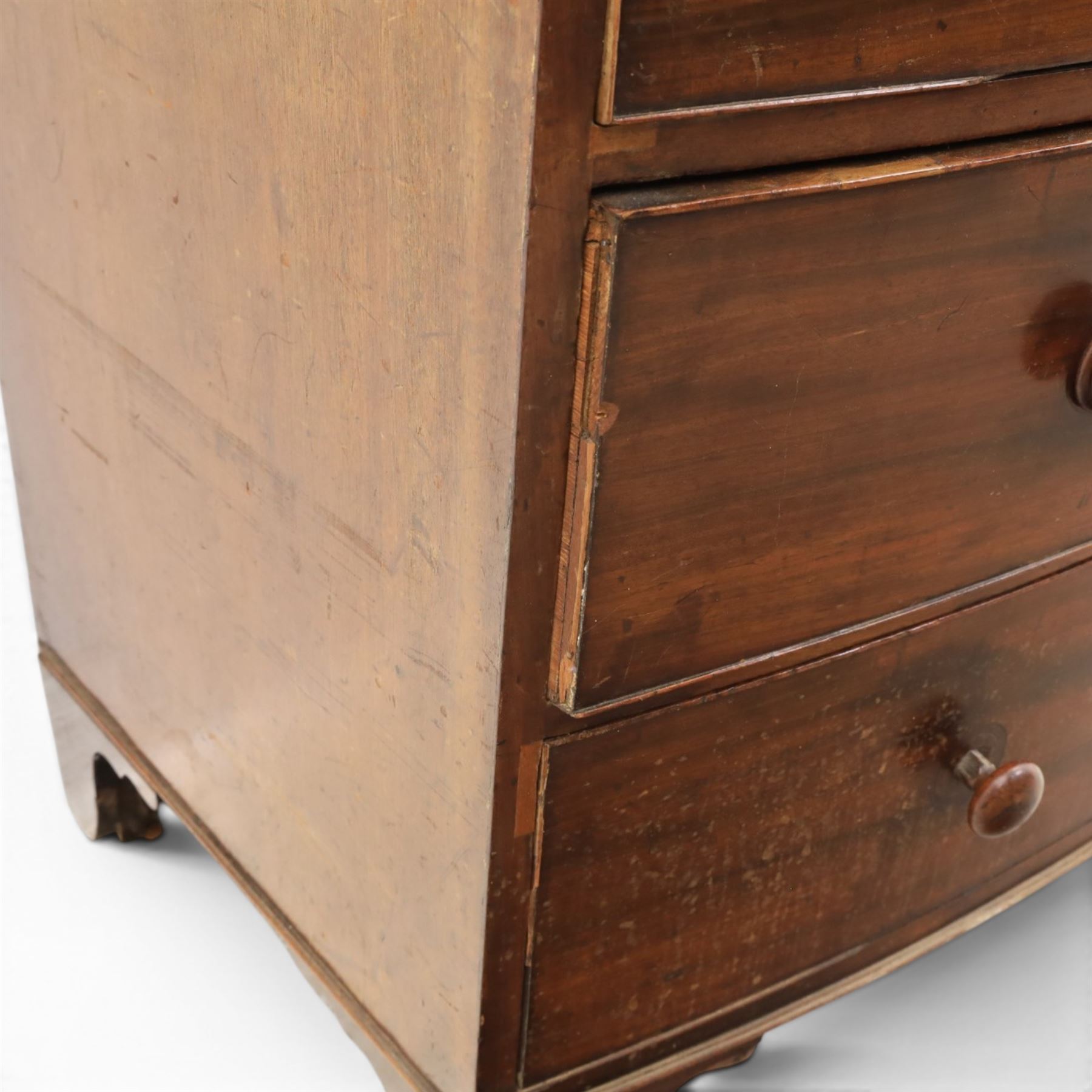 19th century bow fronted mahogany chest, two short over three graduating drawers, raised on bracket feet