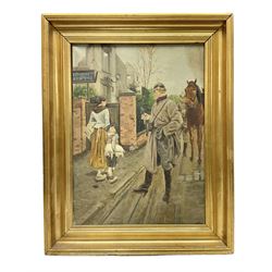 After Fortunino Matania (1881-1963) 'The Stronger' street scene depicting a Dutch boy insulting a German Officer, oil on canvas, signed with initials HD26.3.22, titled verso and dated 1915. 38 x 28cm, gilt frame
