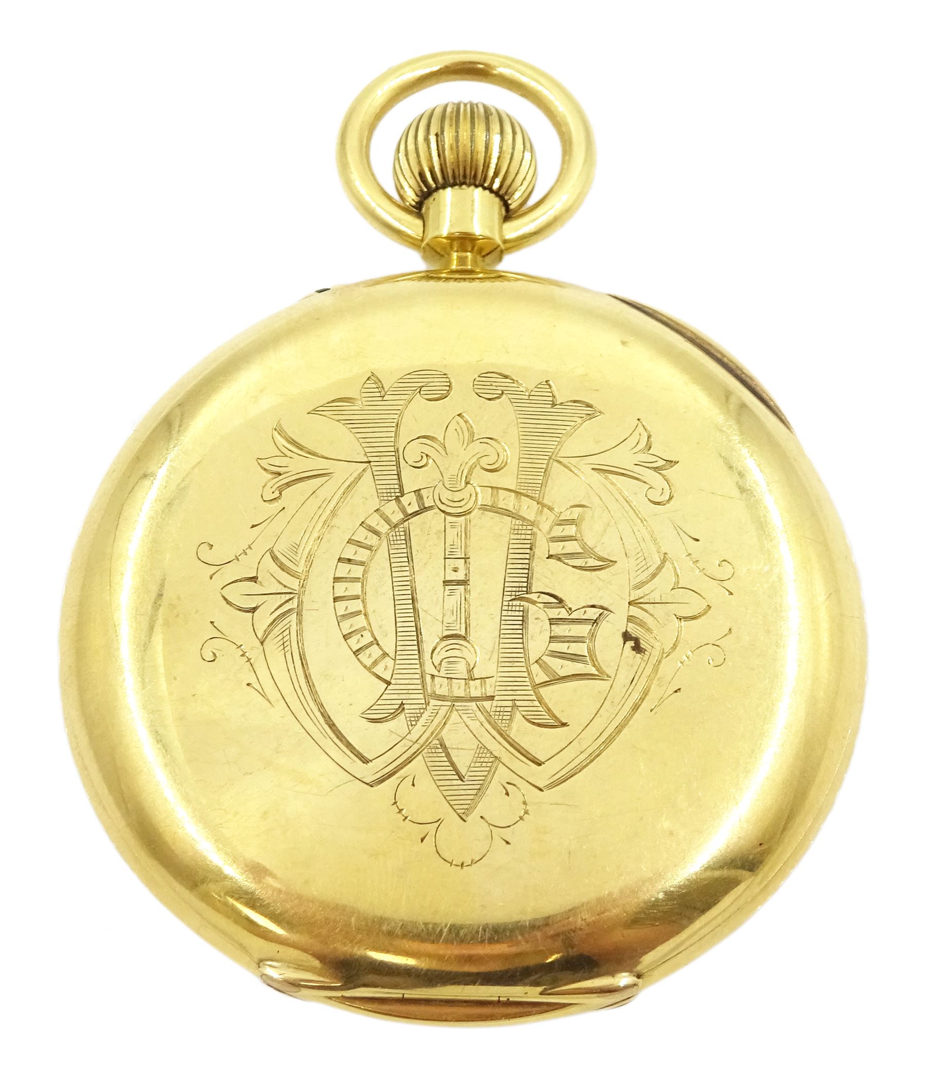 Edwardian 18ct gold half hunter keyless lever pocket watch by Manoah Rhodes & Sons Ltd, Bradford, No. 14478, white enamel dial with Roman numerals and subsidiary seconds dial, back case with engraved monogrammed initials, case makers mark JG, London 1905