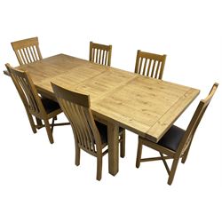 Oak rectangular dining table, pull-out extending top with two additional leaves, on square supports (100cm x 150cm - 230cm, H78cm); together with a set of six chairs high dining chairs 