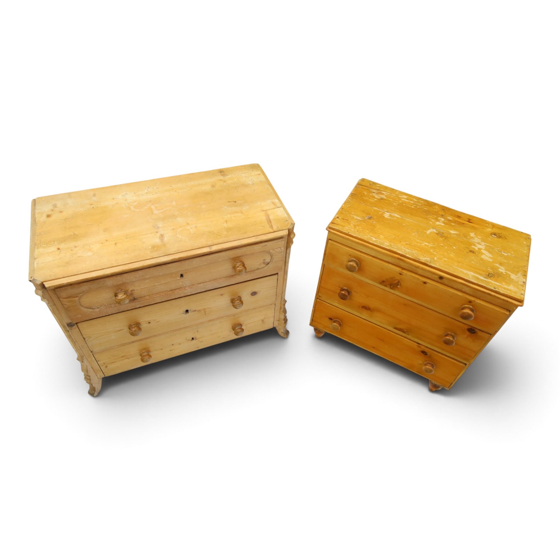 Two pine chests, comprising Victorian pine chest fitted with three  drawers with turned handles, shaped uprights extending to bracket feet, (H 83cm, W 77cm, D 41cm) and Continental pine chest fitted with three drawers with turned handles, on turned feet (H 81cm, W 100cm, D 51cm)