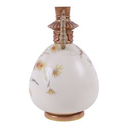 Royal Worcester blush Ivory vase, decorated with butterfly and insects amongst wild flowers, dolphin handles, puce mark beneath and numbered RN14303 and 1327, H23cm 