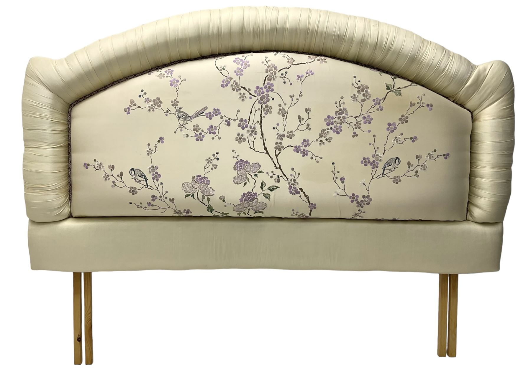 5' Kingsize headboard with stepped arch cresting, upholstered in cream silk with raised stitching decorated with trailing foliage branches and birds; matching bedspread (251cm x 218cm); two matching cushions  