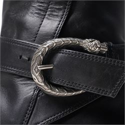 Gucci - pair of Dionysus ankle black leather boots with block heels, with signature silver tone tiger head buckle fastening and full length zip, size 37½, total boot height 24cm, with original box and dust bags