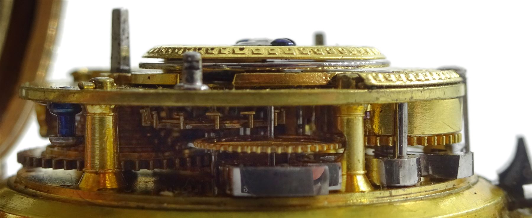 18th century gilt pair case quarter repeating cylinder fusee pocket watch by Matthew Hill (London 1744-ca.1790), No. 417, round pillars, pierced and engraved balance cock with diamond endstone, white enamel dial with Roman numerals, plunge repeat in the pendant, bull's eye glass, the outer case engraved with initials and bird with inscription 'Hazard Zit Forward'
