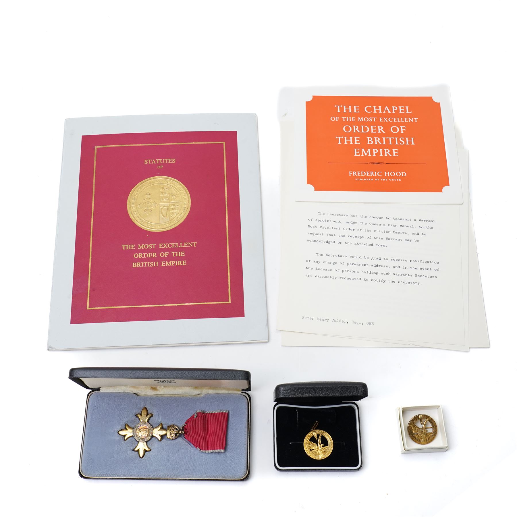 Peter Henry Calder OBE FREng (1926 - 2013): Silver-gilt Order of the British Empire (OBE), cased, Warrant of Appointment, Statutes of the Most Excellent Order of the British Empire 1970 and other paperwork, 9ct gold Royal Aeronautical Society medal (1988/89), and a silver-gilt Royal Aeronautical Society medal awarded to his wife, Mary Calder.

Peter Calder a prominent British mechanical engineer best known for leading the development of the Olympus 593 turbojet engine that powered the Concorde supersonic airliner. Overseeing the joint Rolls-Royce–Snecma program, he helped enable Concorde to fly at twice the speed of sound while meeting the demanding reliability requirements of commercial service, earning an OBE in 1976. Later, he contributed to advanced propulsion projects such as Harrier engine developments and served as president of the Royal Aeronautical Society from 1989 to 1990, promoting innovation and professional standards in aeronautical engineering. 