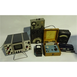  Assorted test meters and testing equipment including oscilloscope, Wireless Procedure Training Set, Universal Avometer etc  