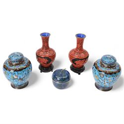 Pair 20th century Japanese cloisonne vases, together with two cinnabar vases on wooden sta...
