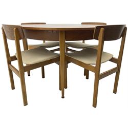 G-Plan - mid-20th century teak extending circular dining table, with concealed additional leaf (W114cm, H72cm); and a set of four mid-20th century teak dining chairs, seat upholstered in beige fabric