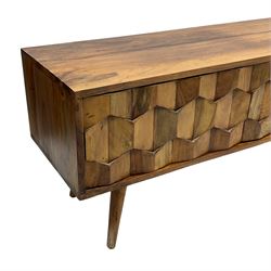 Swoon Editions - acacia wood 'Terning' television or media stand, rectangular top, fitted with double cupboard with geometric moulded facia and two open shelves, on splayed supports