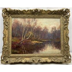 Arthur Herbert Rigg (British c.1859-1915): Autumn River Landscape, oil on canvas signed 29cm x 39cm 
Notes: Arthur was the eldest brother of Staithes Group member Ernest Higgins Rigg (1868-1947). The pair were two of six children of Mary Ann Higgins (1834-1910) and Matthew Christian Rigg (1831-1896), alongside Edith (1861-1900), John Albert (1864-1912), William Darnley (1866-1953), and Alfred Edward (1870-1919).