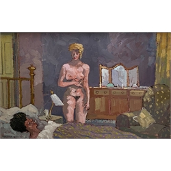 Terence Bennett (Northern British 1935-): Smoking in the Bedroom, oil on canvas signed and dated '94, 35cm x 55cm
Notes: Painter and teacher born and lived in Doncaster, attended local art school 1951-56. After National Service taught, giving up teaching in 1971 to paint full time in a mining village near Rotherham. In 1973 gained a Yorkshire Art Fellowship eventually becoming head of art at Thomas Rotherham College Rotherham