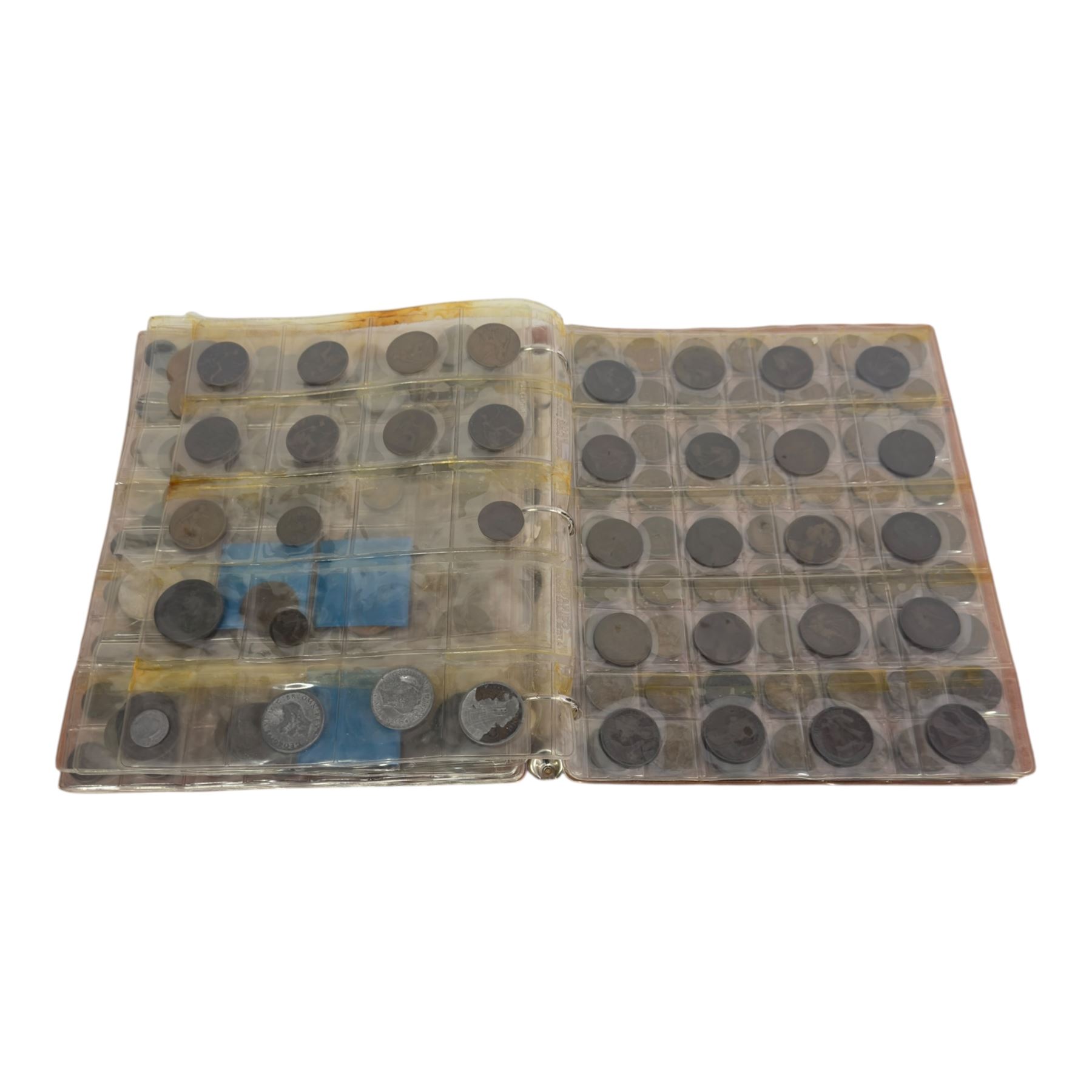 German WWII Police Long Service Award, silver George VI coronation medal, hallmarked, reproduction William I penny, commemorative crowns, and further coins, in ring binder folder and loose