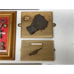 Collection of metal detecting finds and antiquities, housed on five display boards and some loose, to include coins, keys, axe head etc 