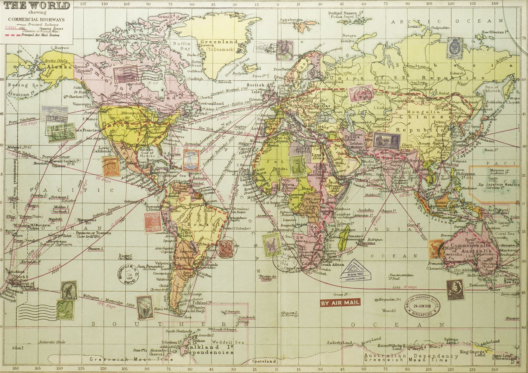 ‘The World Showing Commercial Highways’, mid-20th century colour-printed world map depicting principal railways, shipping and air-mail routes, embellished with printed postal and travel cachets including a British Passport Office, Singapore stamp (1928), Nairobi Airport (1937) and others 49cm x 69cm