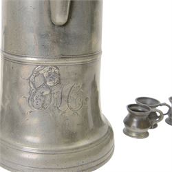 19th century Pewter tavern jug, with WR beneath a crown touch mark, together with pewter tankards and measures  