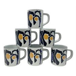 Six Royal Copenhagen year mugs for 1977 designed by Inge Lise Koefoed, H7.5cm