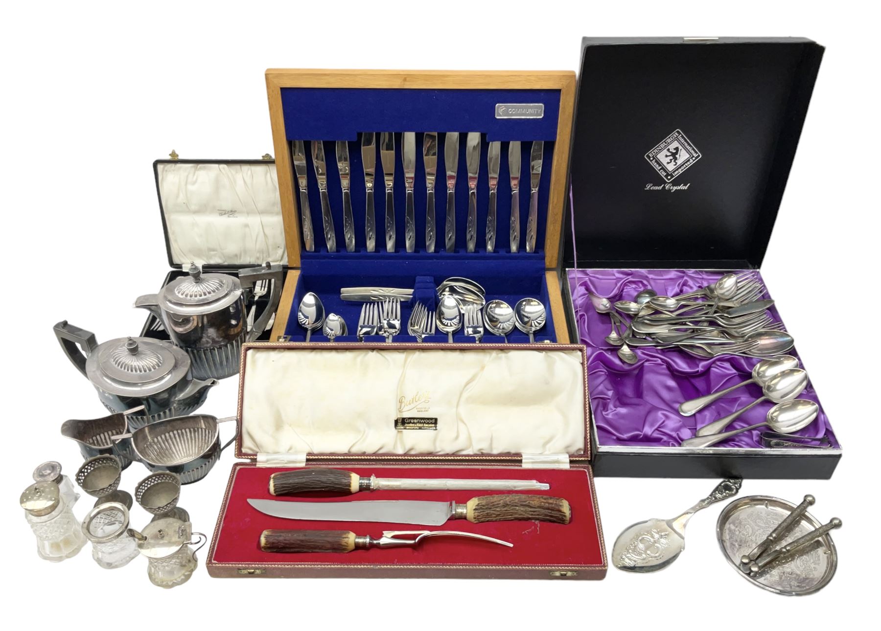 Silver mounted glass cruet set, Hallmark Walker & Hall, together with silver plate cased canteen, tea set etc