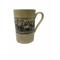 19th century Staffordshire pottery jug, entitled Willie Brewd a Peck o maut, depicting figures in relief, H24cm, a blue and white Victoria Ware Ironstone shaving bowl, L27.5cm, and a 19th century French Sarranguimes tankard with black transfer printed band depicting figures and horses, H17cm
