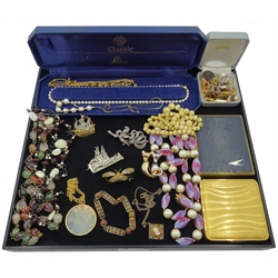  Lotus Classic pearl necklace with 9ct gold clasp cased, Mascot BA compact and cigarette cases, Maltese filligree silver brooches stamped 917, others stamped 800, hardstone necklace, pairs cufflinks and costume jewellery  