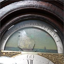 Benjamin Booth of Pontefract - 8-day oak longcase clock c1790. with a stepped broken arched pediment, deep cornice with dog tooth moulding and two brass finials, break arch hood door with flanking reeded pilasters and gesso capitals, trunk with canted corners and a long break arch topped door, on a rectangular plinth with applied skirting, brass dial with rocking ship automata and makers name to to the arch, with bordered cast spandrels and an silvered engraved dial centre, chapter with Roman numerals and five minute Arabic's, matching steel hands , calendar and seconds dials, movement pinned to a rack striking movement with a recoil anchor escapement. With weights, pendulum and key.
Benjamin Booth is recorded as being apprenticed to John Booth of Huddersfield in 1760 and working in Pontefract c1766 until his death in 1806. 
