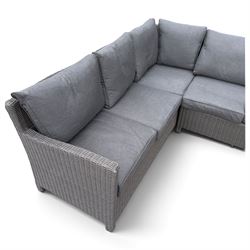 Kettler - Palma rattan garden lounge suite, comprising modular corner sofa (DIM) with slatted and rattan garden table on end supports (DIM), and three stools (DIM), with loose seat cushions