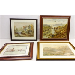  Figures Outside a Country Cottage, 19th/ 20th century watercolour signed by Edith A. Langdon, Fishing Boats, The Mill House and Rural Lakeland, three 20th century watercolours unsigned and The River Esk, Whitby, oil laid onto board max 39cm x 49cm (5)  