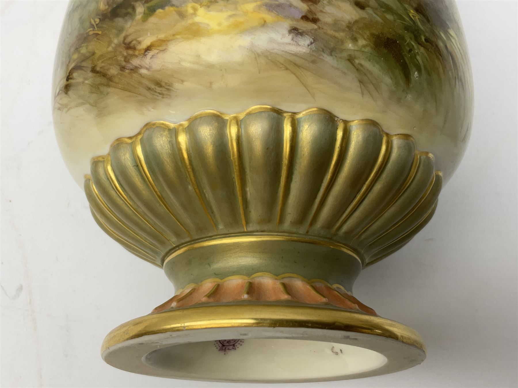 Early 20th century Royal Worcester vase decorated by Harry Davis, of ovoid form with twin acanthus mounted handles and waisted high neck supporting a domed cover, upon a circular foot, the body hand painted with sheep in a highland landscape, signed H Davis, with puce printed marks beneath including shape number 2425, and date code for 1907, H27.5cm