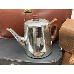 Brass oil lamp, with etched floral glass shade, leather Gladstone style doctors bag, leather satchel and vintage vanity case, three graduating wooden giraffes and other wood and metal ware, lamp H54cm