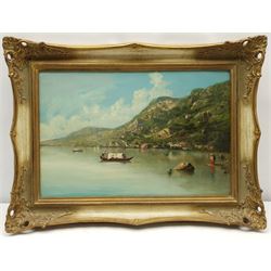 Attrib. Augusto B Caratti (Italian 1818-1915): Rowing on Lake Como, oil on board unsigned, titled and attributed on label verso 29cm x 44cm