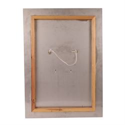 Mix medium sculpture, the central panel of rectangular form with a blue background with orange and yellow strokes, upon a metal frame, H70cm, W50cm
