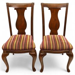 Willis & Gambier - mahogany extending dining table, rectangular top with rounded corners on cabriole legs, with two 35cm extension leaves, four Willis & Gambier upholstered high back chairs and four mahogany chairs, upholstered in a stripped multi-coloured velvet fabric, with scroll-shaped top rail, lyre-shaped back splat on cabriole legs, chairs W46xD91x97cm (11) 