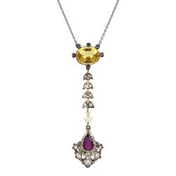 Early 20th century silver and gold topaz, diamond, pearl and ruby pendant necklace, the oval yellow/orange topaz, suspending to a diamond set laurel leaf drop, single pearl and diamond and pear cut ruby cluster, on platinum trace link chain, topaz approx 4.10 carat