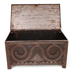 Late 19th/early 20th century vernacular iron box, the hinged cover and sides with applied strapwork decoration, the cover with applied church motif, H11.5cm W22cm D12cm